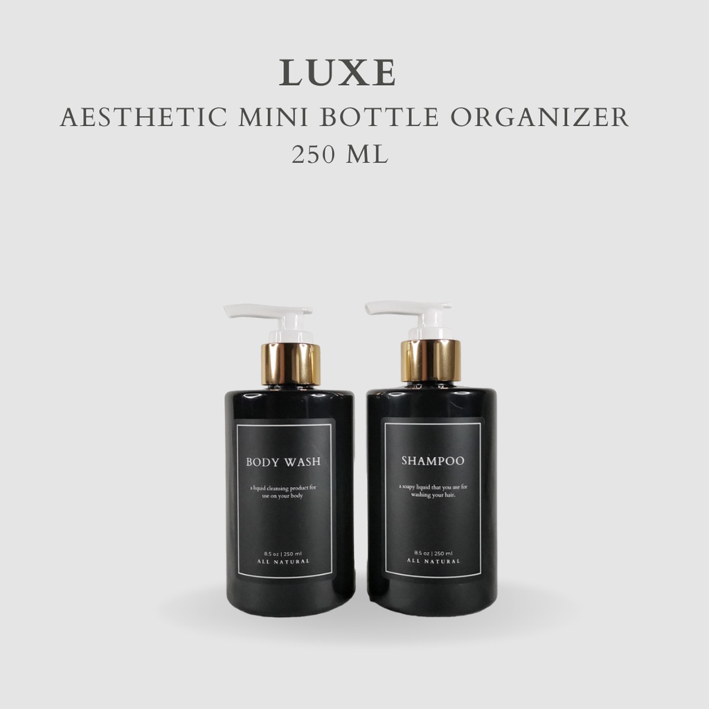 LUXE Botol MINI HITAM Label KOTAK HITAM 250 ml Aesthetic Bottle Refill | Botol refill sabun /botol refill sabun/ botol isi ulang/botol sabun refill/botol sabun/botol pump/botol anak/bathroom organizer/bathroom amenities