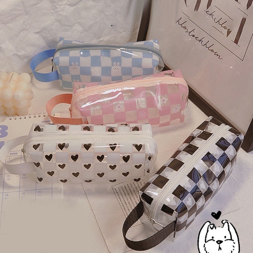 Tas Pensil Transparan PVC Summer Chic Clear Grid Dengan Kapasitas Besar Hitam Putih Checkerboard