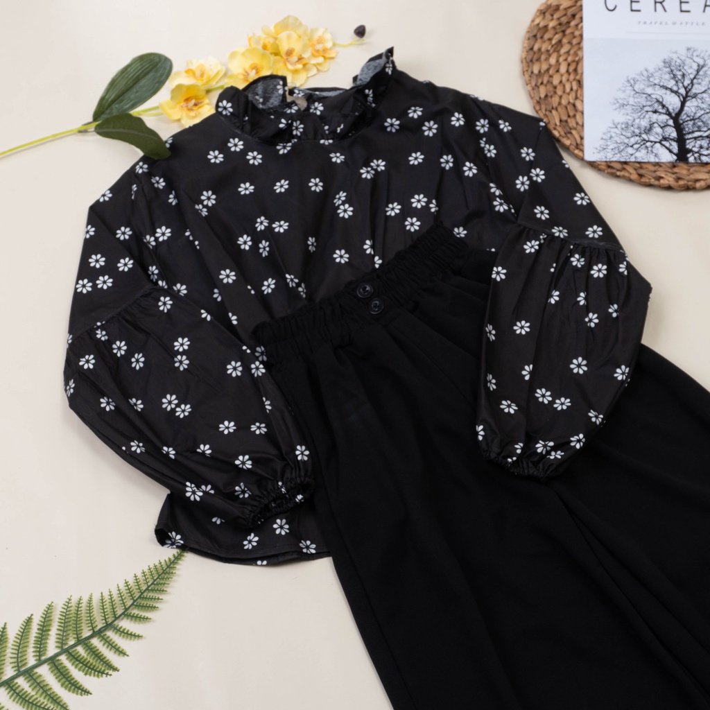IL - SETELAN BYTHA MOTIF BUNGA TERBARU / ONE SET KULOT BUTTON 2 KANCING BAHAN CREPE PREMIUM-BYTHA HITAM+HITAM