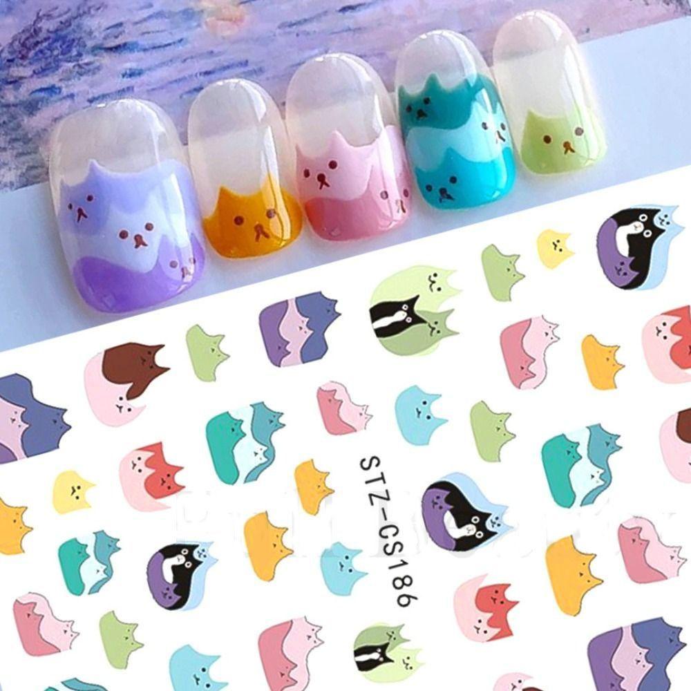 Mxbeauty Stiker Kuku Hewan Indah Motif Warna-Warni Kecantikan Decals Kartun Kucing Decal