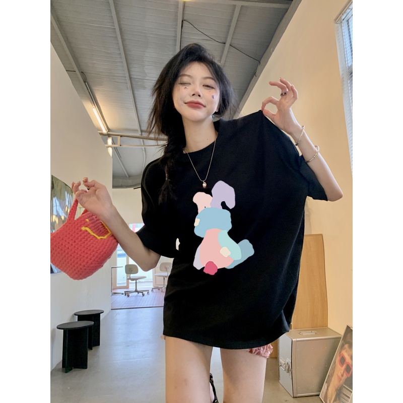 EUNII T-shirt Lengan Pendek Cartoon Colorful Bear Korean Style/Kaos Atasan Wanita/Baju Kaus Oversize Wanita/Kaos Wanita