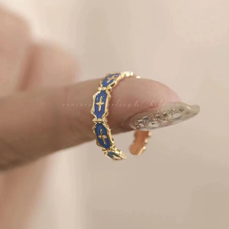 Cincin Wanita Pola Putih Fashion Vintage Ins Temperamen Korea Cincin Silang Biru