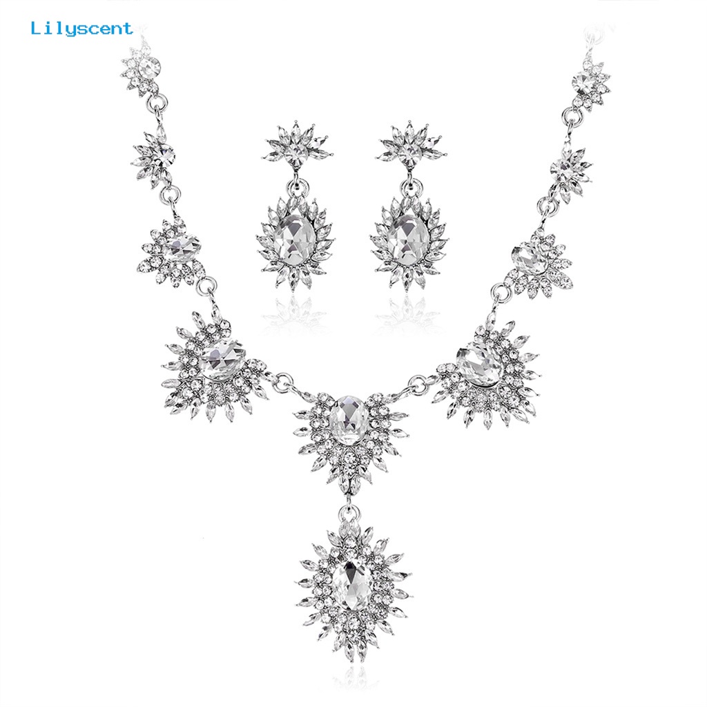 [LS] 1set Anting Pengantin Kristal Imitasi Hias Berlian Imitasi Bentuk Bunga Matahari Temperamen High Gloss Dress Up Glitter Gaun Pernikahan Bridal Kalung Perhiasan Aksesori