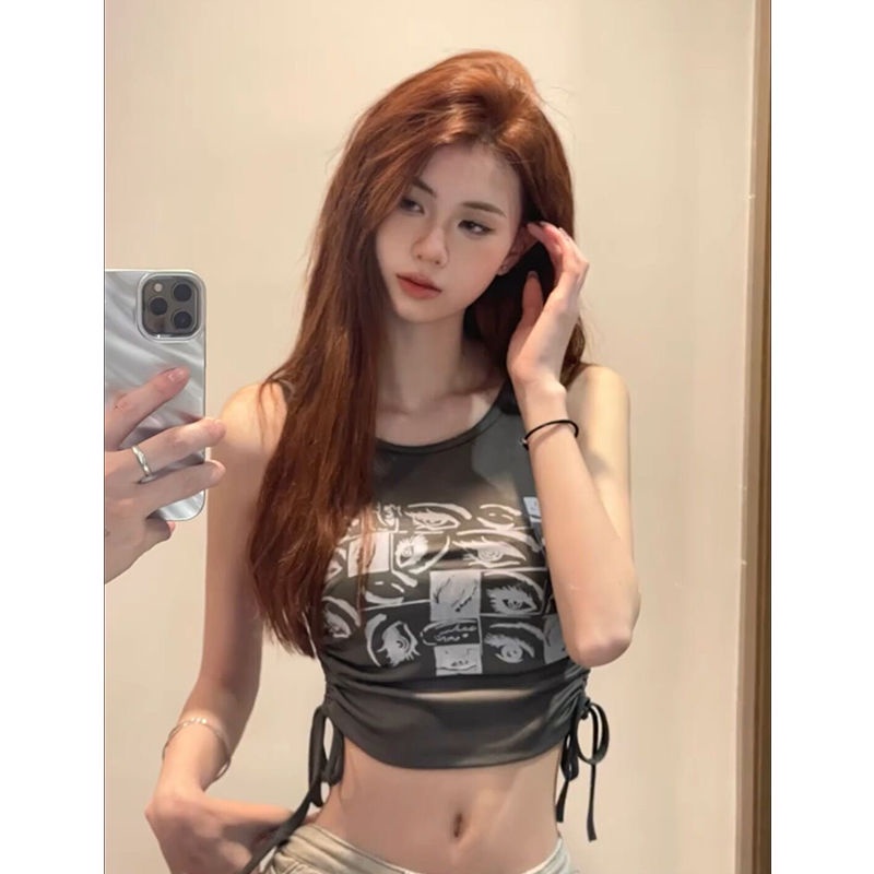 Red Pola kreatif cetak mata kamisol retro wanita seksi gadis pendek bagian pusar tali serut tanpa lengan atasan trendi