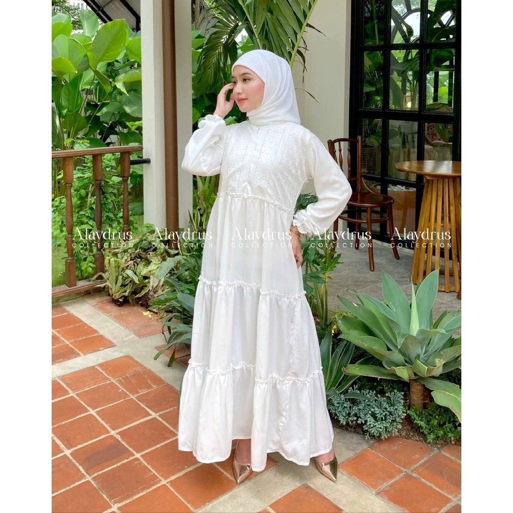 Abaya Gamis Putih Dress Maxi Arab Saudi Bahan Wolfis Premium Kombinasi Brukat Dada By AlaydrusCollection