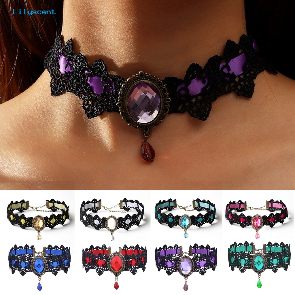 [LS] Wanita Choker Gothic Vintage Braided Aesthetic Dengan Faux Gemstone Dress Up Hadiah Wanita Punk Jahitan Renda Klavikula Kalung Perhiasan Trendi