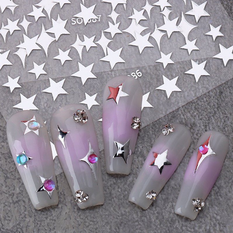 1pc Stiker Kuku Starmount Perak Sederhana Stiker Kuku Berujung Lima Modis Stiker Kuku 3D Nail Art Aplikasi Produk Dekorasi Kuku Untuk Wanita Dan Anak Perempuan