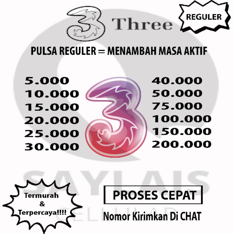 Pulsa Tri reguler 5k - 40k