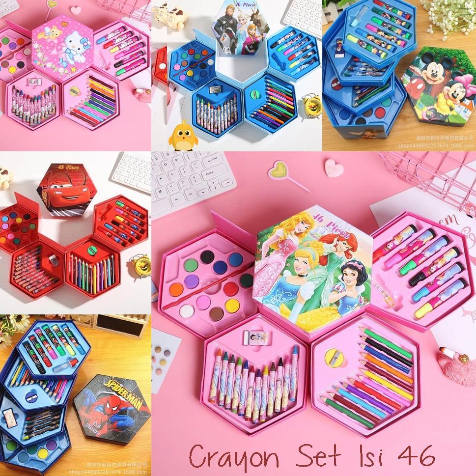 

V92 Crayon Set Isi 46 Pensil Warna Spidol Alat Lukis Mewarnai Cat Air Kartun Anak BIG SALE ↥