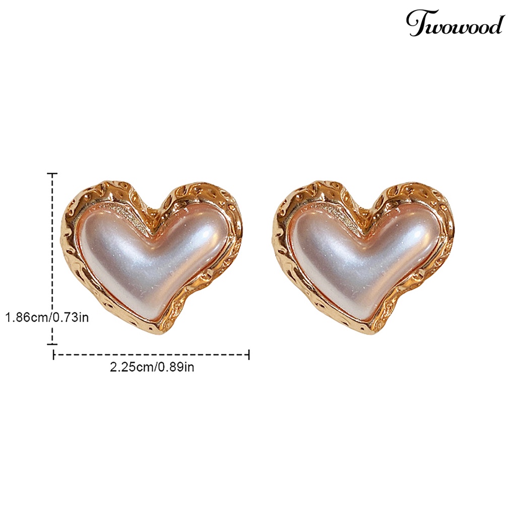 Twowood Women Ear Studs Gradient Heart-Berbentuk Cahaya Mewah Perak Wanita Kepribadian Fashion Faux Pearl Stud Earrings Pakaian Sehari-Hari