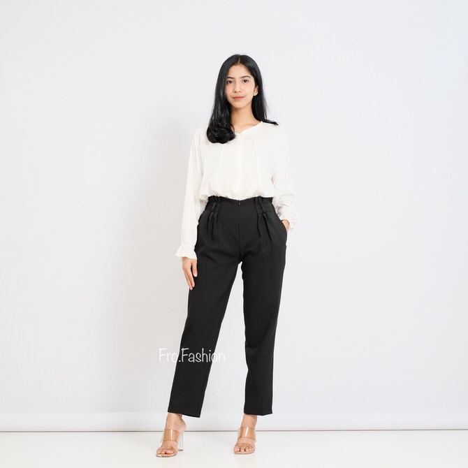 Celana Panjang Kain Formal Wanita Kerja Kantor Jumbo Pinggang Karet Rampel Premium || Celana Kerja Baggy Pants Wanita Premium