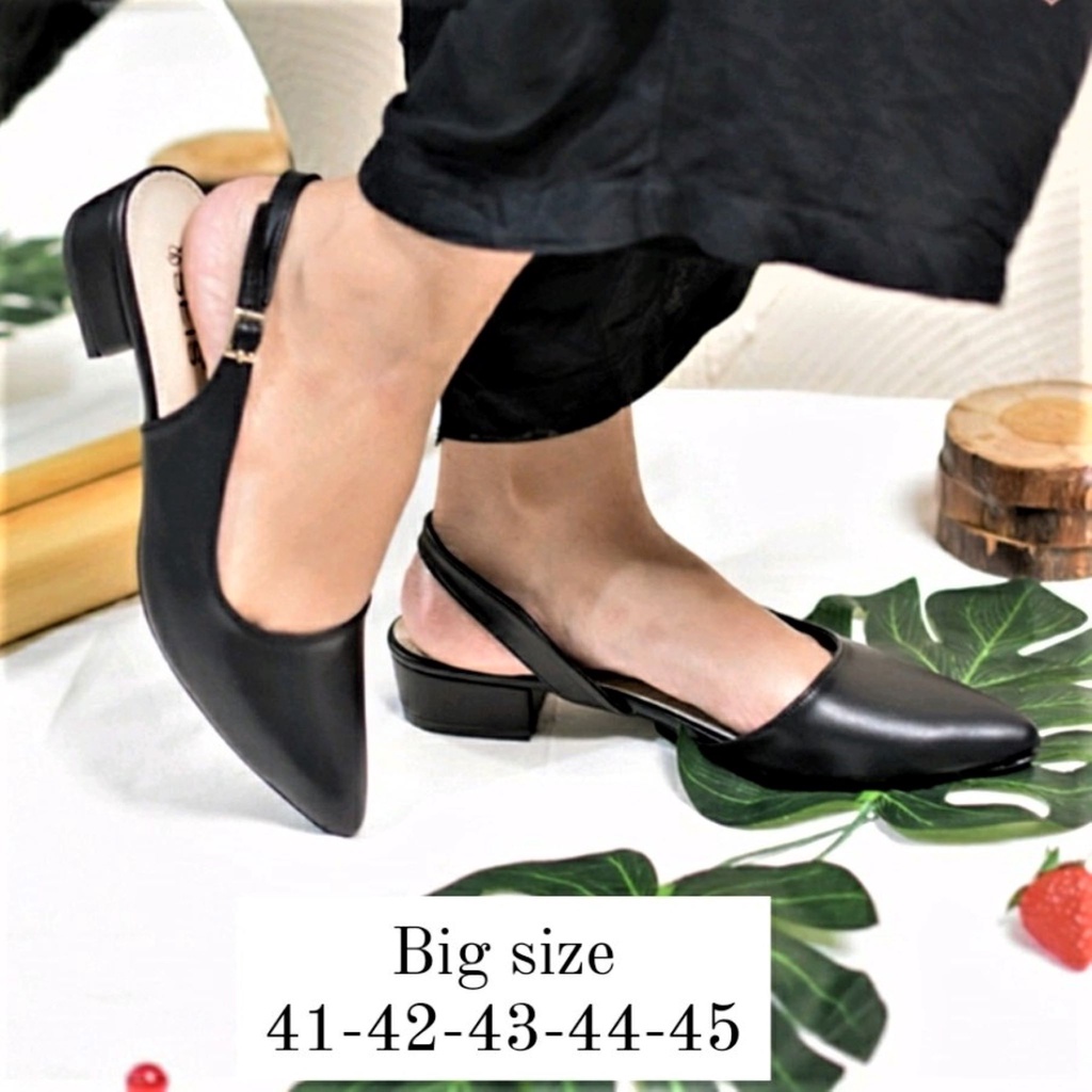 BIG SIZE 41-45 Sepatu Selop Bustong Wanita Kulit Hitam Ukuran Jumbo Besar Mules Shoes Formal Premium