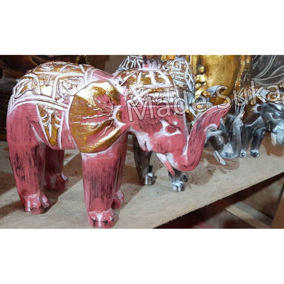 Patung kayu gajah berdiri 20cm warna ukiran handmade bali