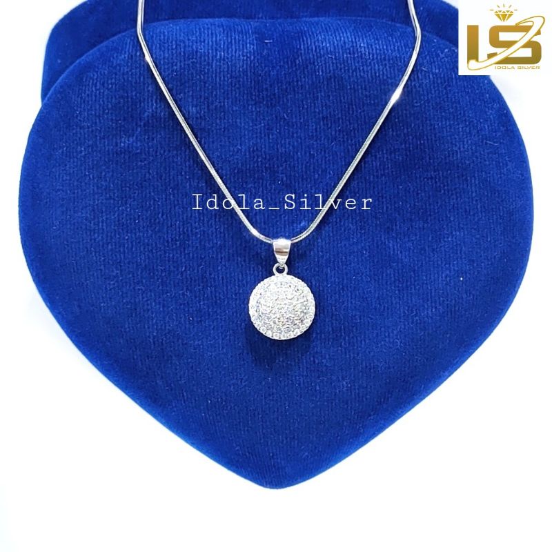 KALUNG PERAK ASLI SILVER WANITA 925 LAPIS EMAS PUTIH MODEL LIONTIN BULAT PERMATA KELILING - Perhiasan Perak Asli