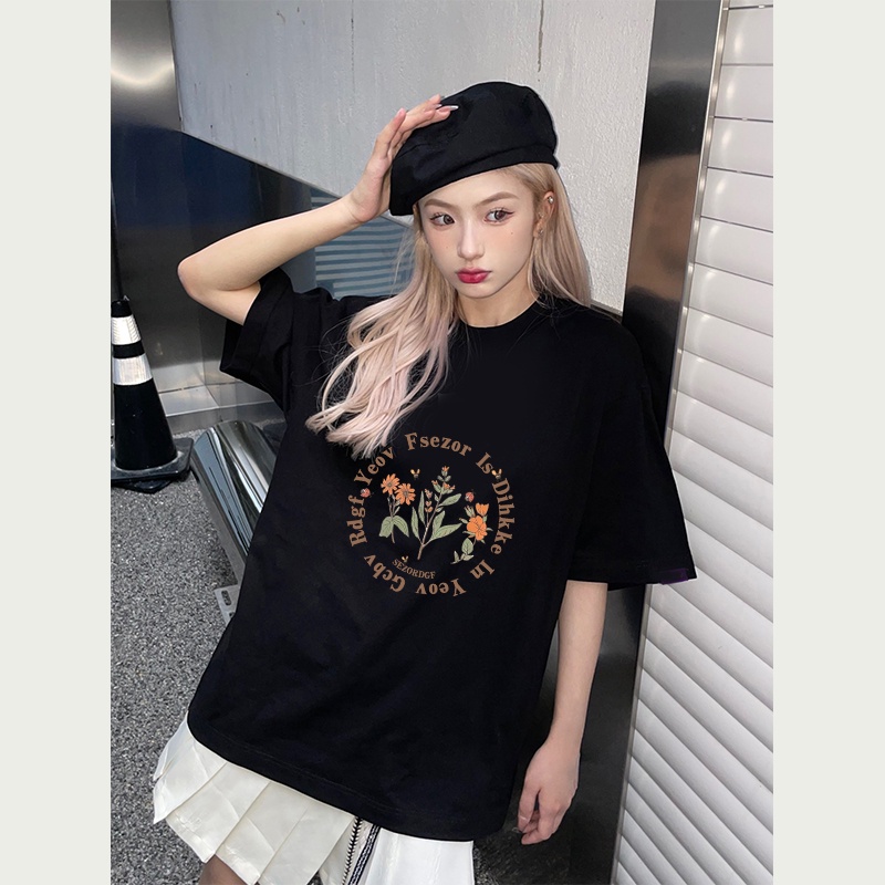 American Vintage Lengan Pendek T-shirt/Oversize Flower Pattern Print Kaos Korean Style Kekinian Baju Wanita