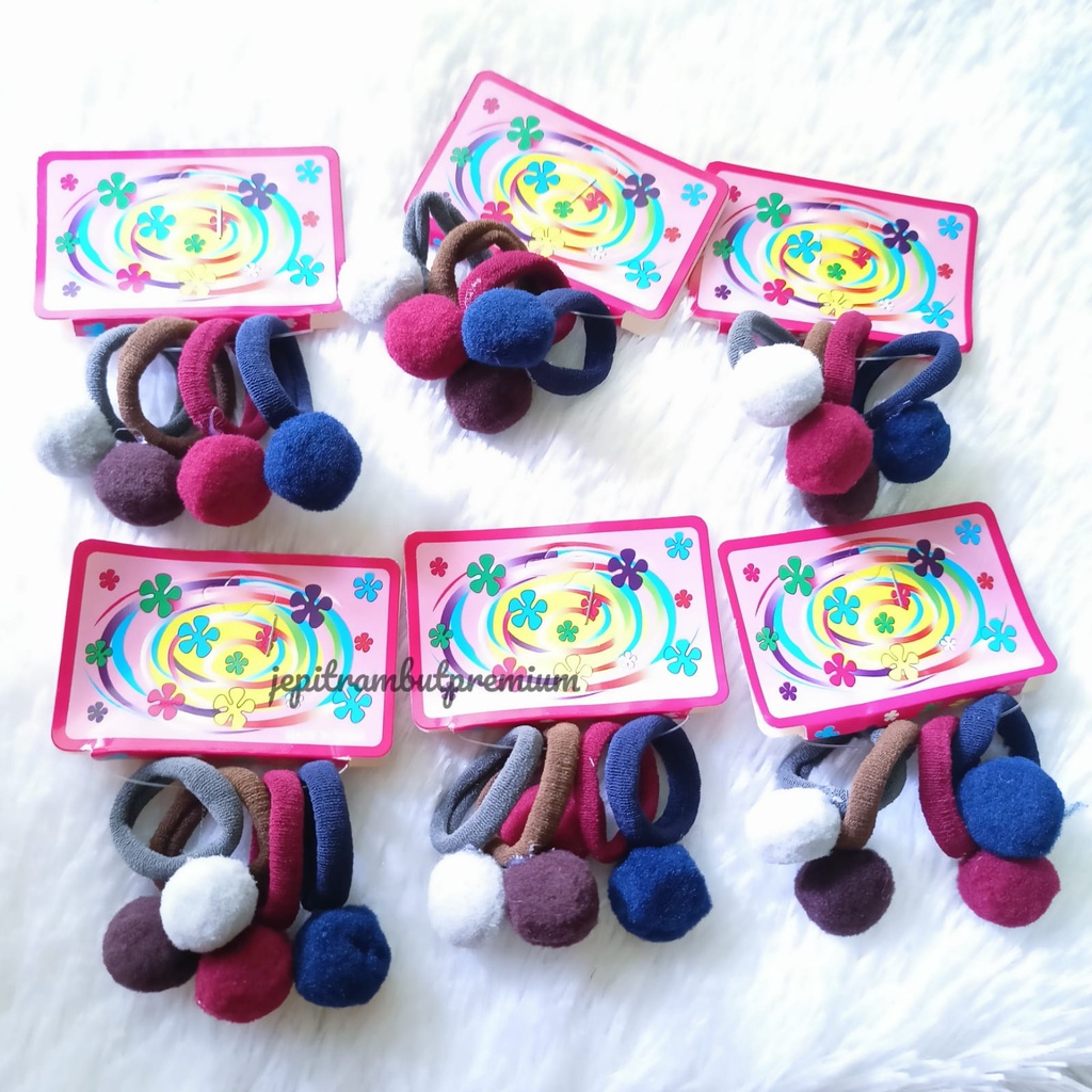 SET Ikat Rambut Anak Pom Pom Isi 4 Pcs Kunciran Elastis 2,5Cm Pom Pom Warna