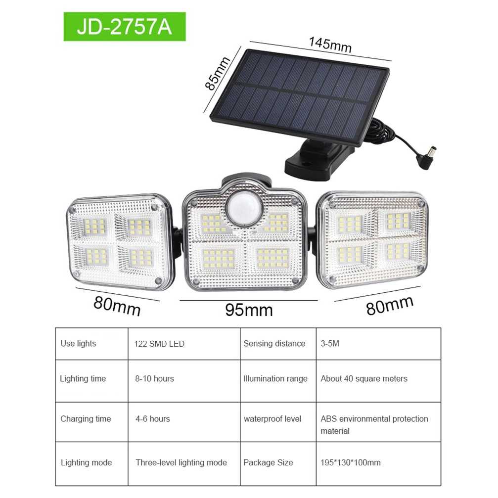 (BISA COD) FTIHSHP OOBEST Lampu Dinding Solar Double Sensor Three Head 122 LED Cool White - JD-2757A