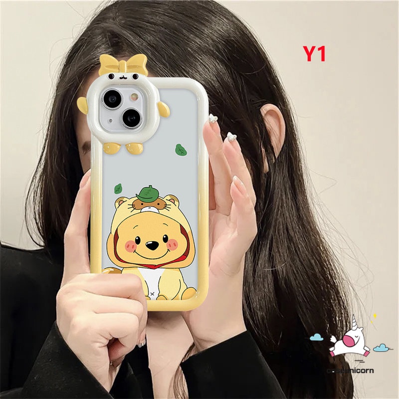 IPHONE Cute 3D Bow-knot Little Monster Lens Case Kompatibel Untuk Iphone11 13 14 12 Pro Max XR 14 8 7 6s 6 Plus XS Max X SE 2020 Kartun Strawberry Bear Manyo Winnie the Pooh Soft Cover