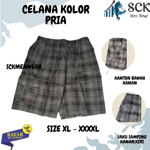 Celana Kolor PENDEK Pria HD Motif KOTAK 0602 ukuran JUMBO Kantong Samping Cargo / Celana Kolor Karet Size 4XL-6XL  - sckmenwear GROSIR