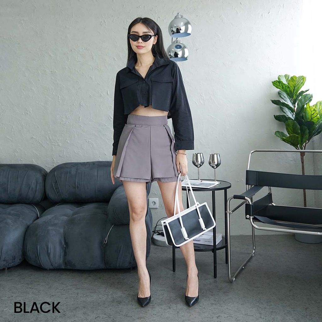 Kemeja Crop Top Lengan Panjang Pocket Riu Blouse Wanita