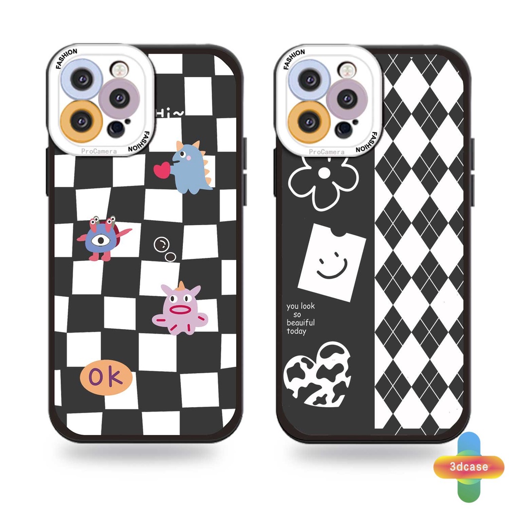 IPHONE Case Kompatibel For IPhone 11 12 13 PRO MAX 6 7 6S 8 Plus X XR XS MAX Se 2020 6SPlus 7Plus 6Plus 8Plus XSMAX papan Catur Diamond Grid Kartun Monster Kecil Lembut TPU Bergelombang Penutup Tepi