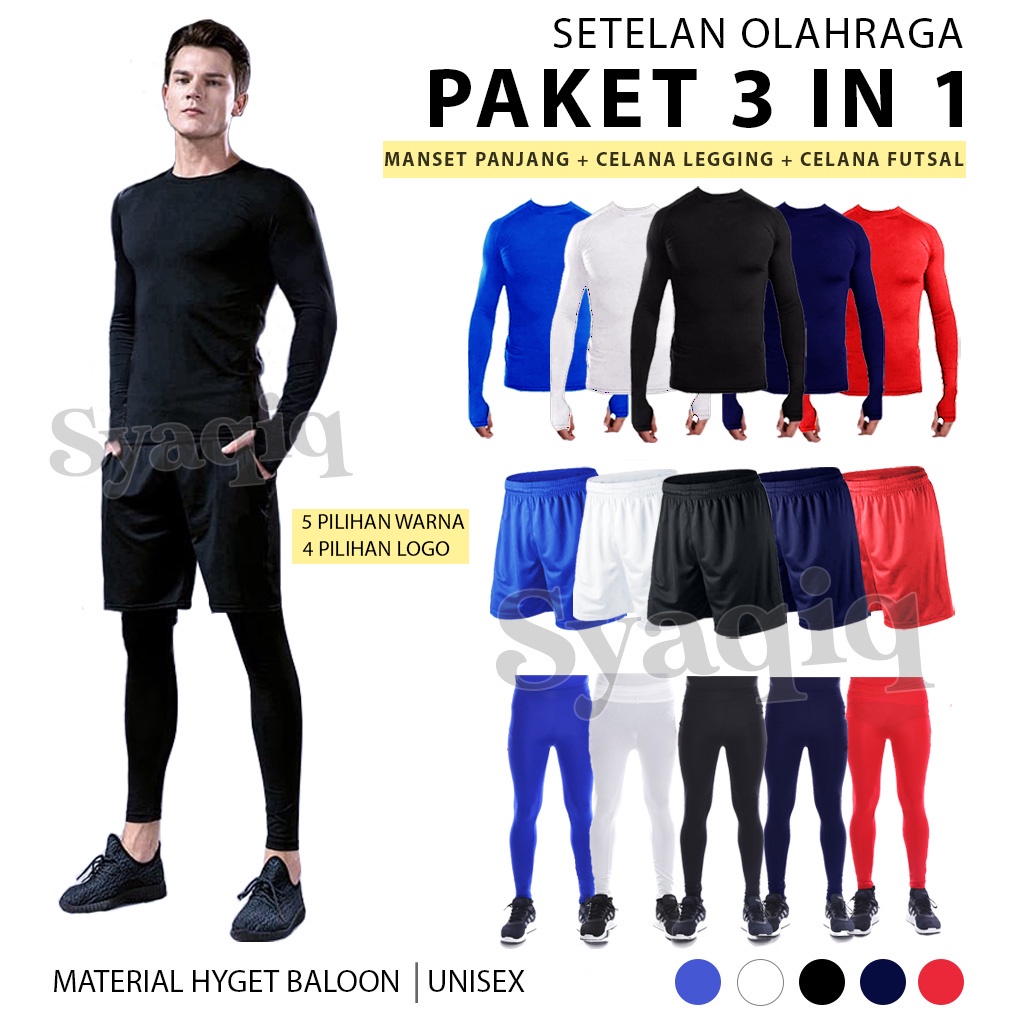 Paket 3 in 1 Outfit Gowes Baselayer Manset Pria Base Layer Kaos Celana Futsal Legging Sport  Unisex