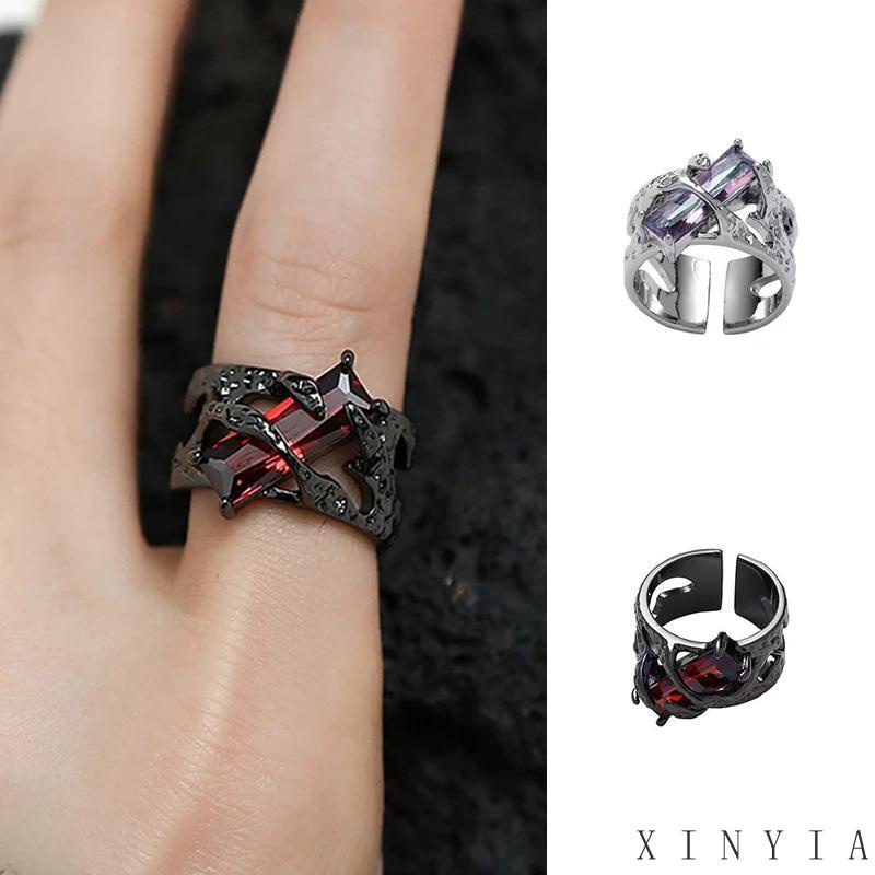 【COD】Vintage Merah Geometris Berlian Imitasi Cincin Niche Kepribadian Punk Logam Berongga Gelap Wanita Pria Perhiasan