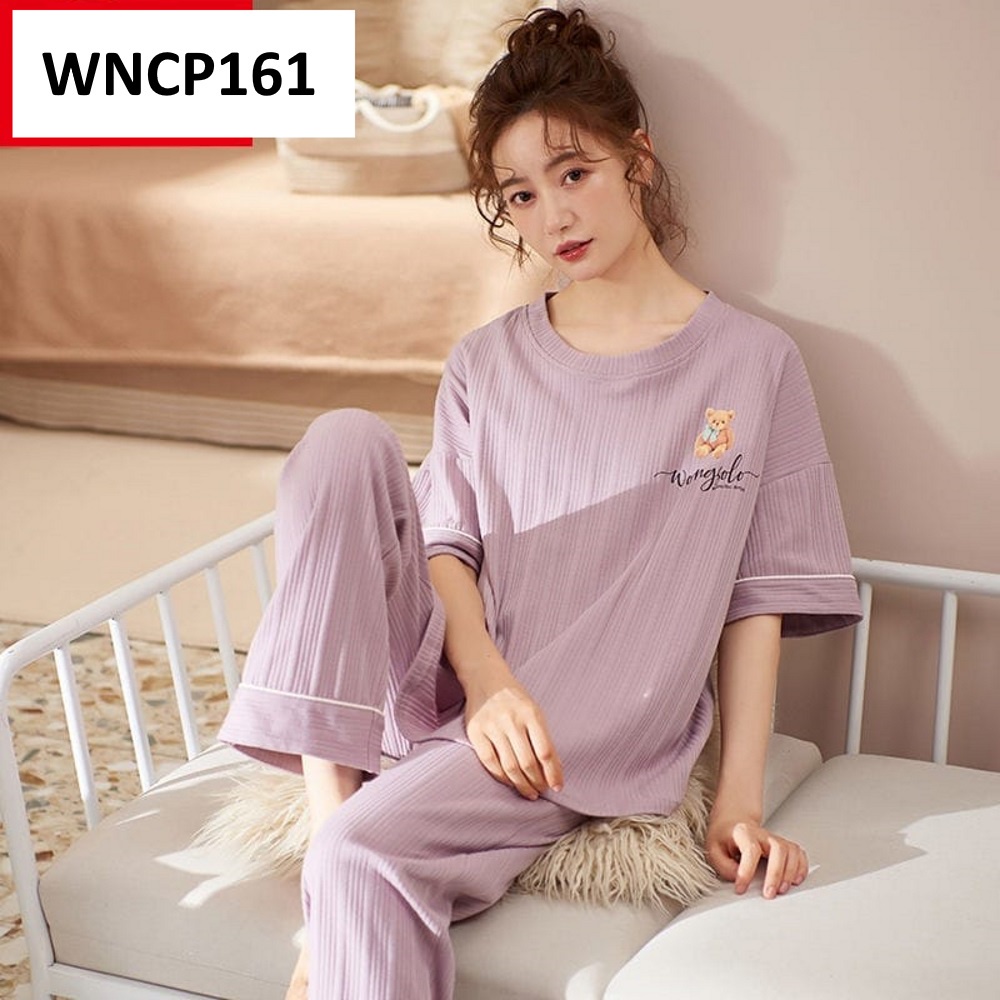 Piyama Wanita Baju Tidur Wanita Lengan Pendek Celana Panjang Knit Motif Kartun