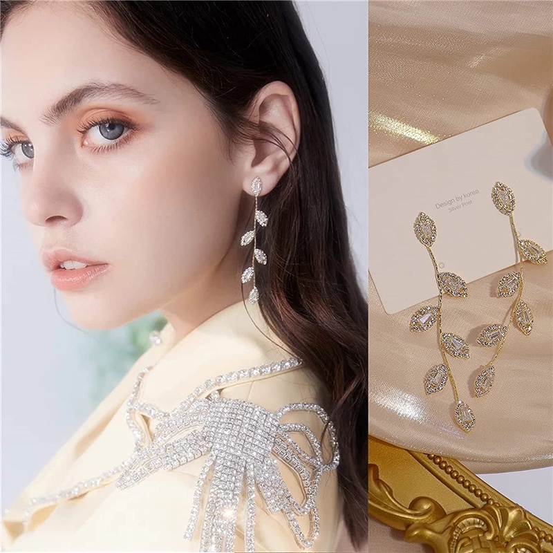 [AYBx] Baju Kaos Distro Pria Wanita Lengan Pendek Anting Daun Kristal Mewah Untuk Wanita Fashion Zirkon Kubik Anting Panjang Perhiasan Pernikahan Drop