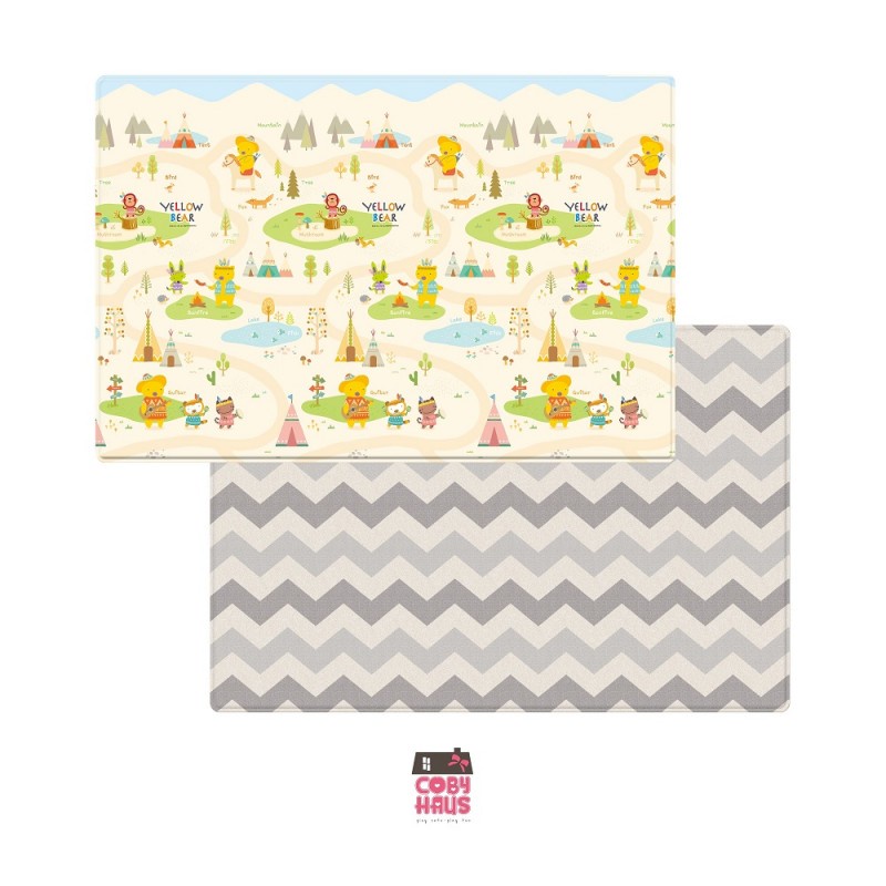 CobyHaus Playmat PVC Size XL (235 x 140 x 1.6 cm) - Yellow Bear Indian Village Grey