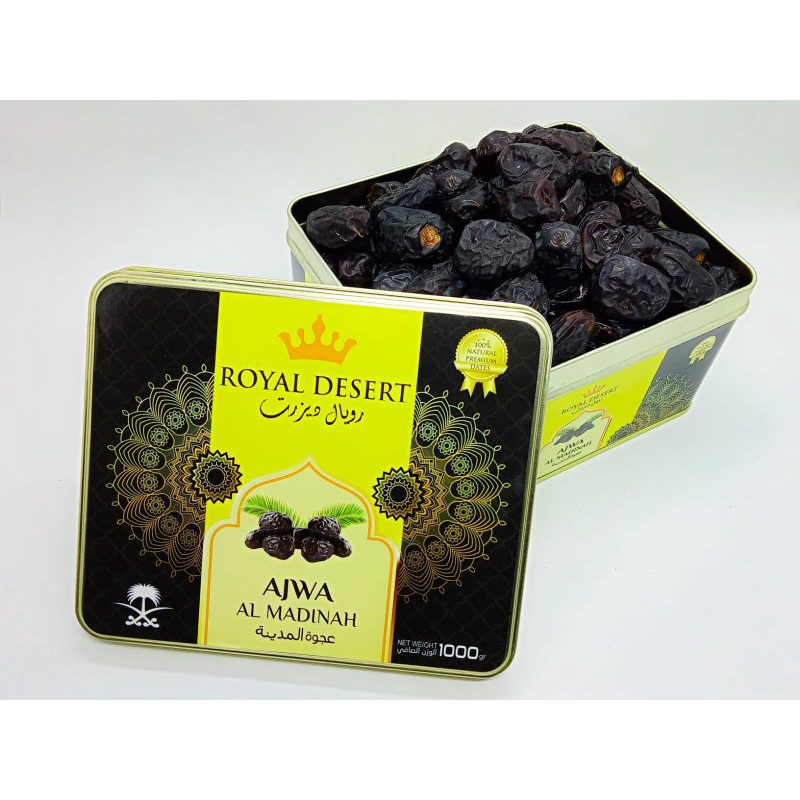 

1 Kg Kurma Ajwa Madinah / Kurma Nabi Kemasan Kaleng Mewah Royal Dessert