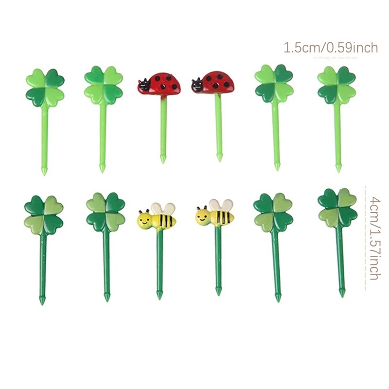 8 / 12Pcs Kids Fruit Picks Needle Stick Toothpicks Mini Creative Fruit Cake Dessert Food Forks Cartoon Cute Bees Clover Lunch Box Decor Bento Accessories