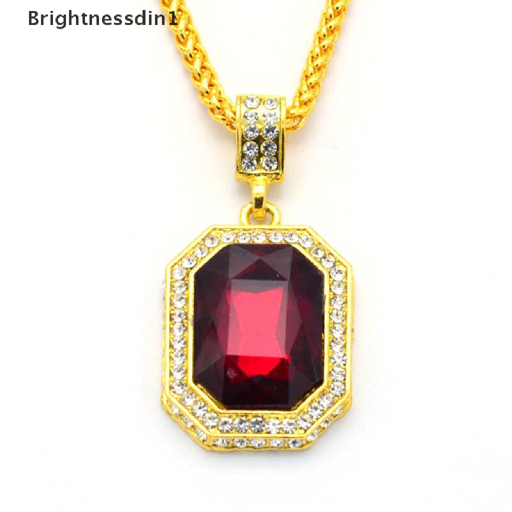 [Brightnessdin1] Bertatahkan Berlian Persegi Ruby Kalung Hip Hop Pria Liontin Batu Merah Liontin Vintage Perhiasan Kostum Aksesoris Butik