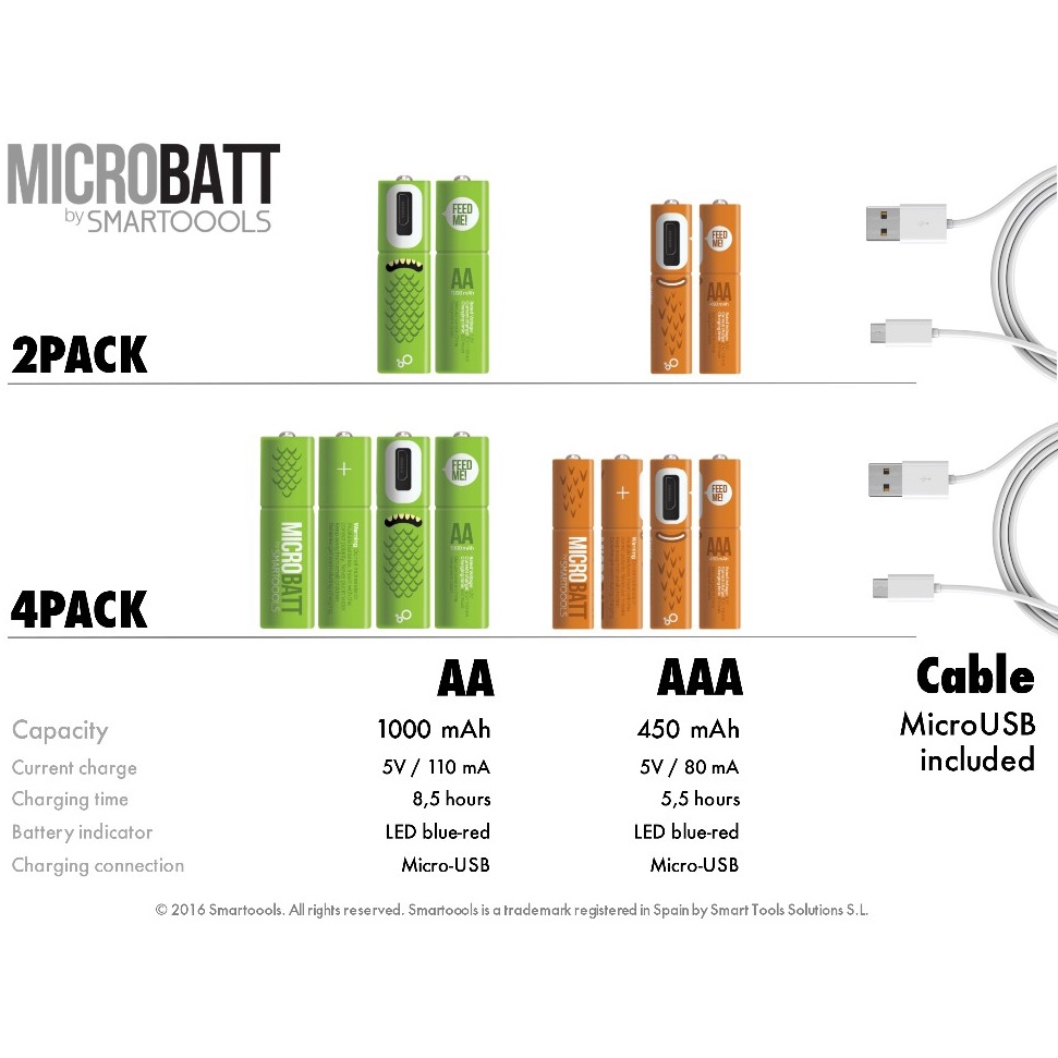 Baterai Isi Ulang 2Pcs Micro USB MICROBATT Baterai Cas Rechargeable Micro USB 2PCS