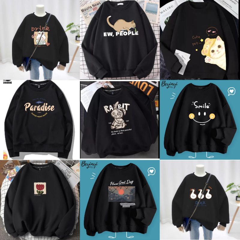 SWEATER WANITA CREWNECK OVERSIZE PECINTA HITAM