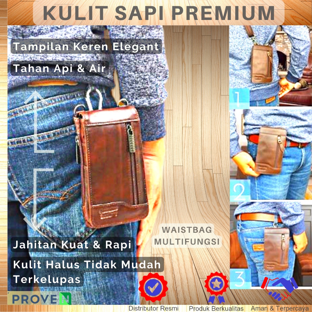 Tas Bahu Pria Kulit Sapi Asli Tas Pinggang Hp Multifungsi Serbaguna WAIST BAG P021