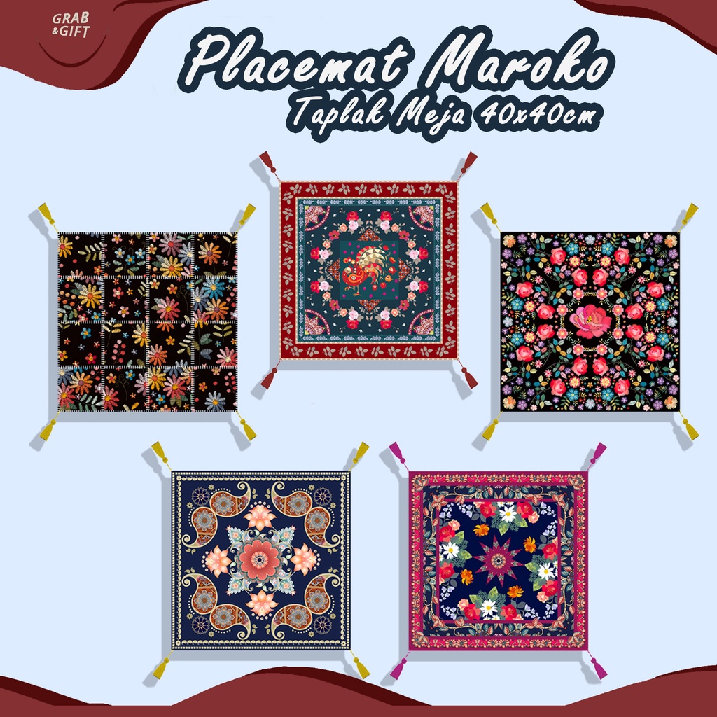 PLACEMAT Taplak Meja Kecil Motif Maroko  40x40 cm Turkish Tile Motif dengan Tassel Grabandgift