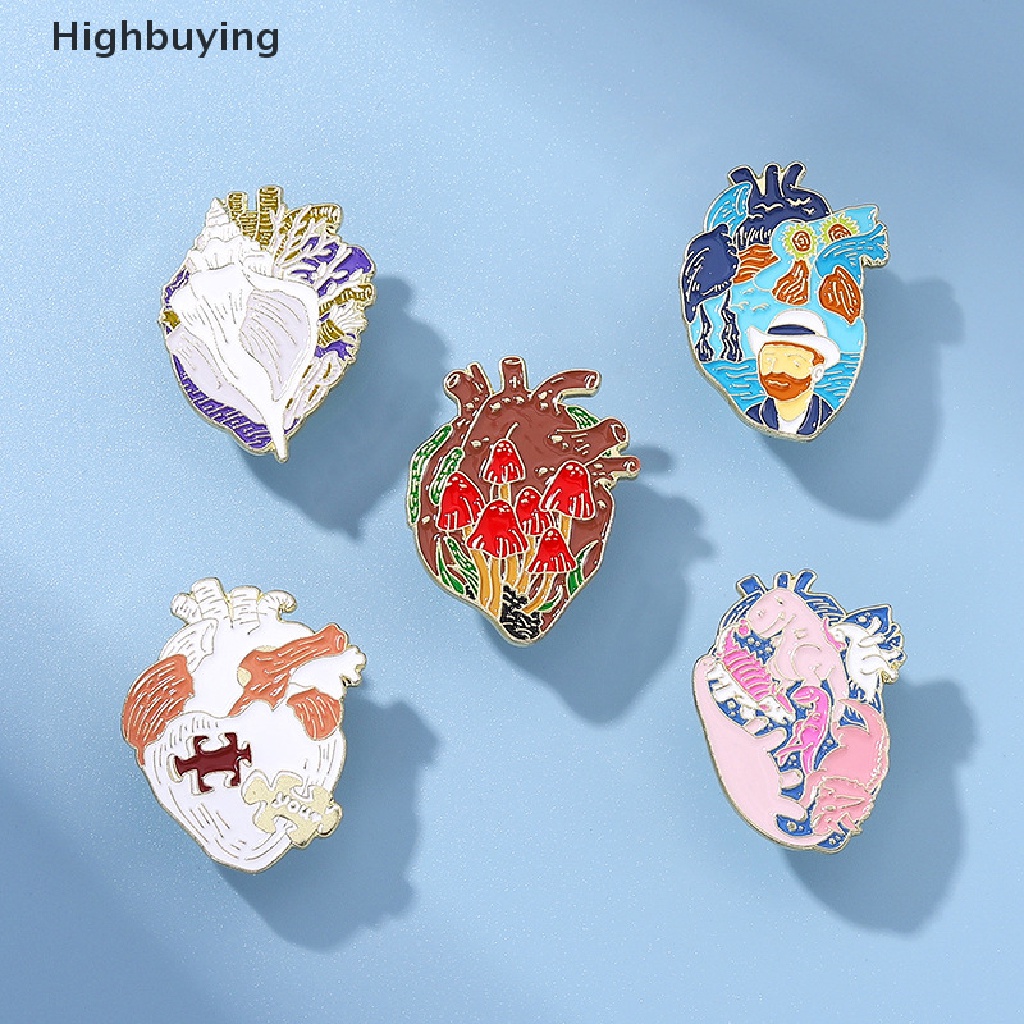 Hbid Art Heart Oil Pager Bros Warna-Warni Jantung Enamel Pin Jamur Minyak Pager Puzzle Dinosaurus Keong Laple Lencana Organ Perhiasan Glory