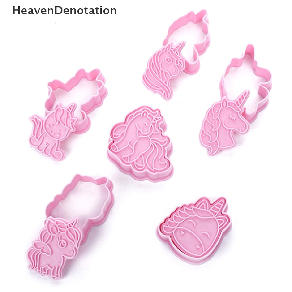 [HeavenDenotation] 6pcs Cetakan Cookie Cutter Bentuk Unicorn Bahan Plastik 3D Kartun Hewan Cetakan Kue HDV