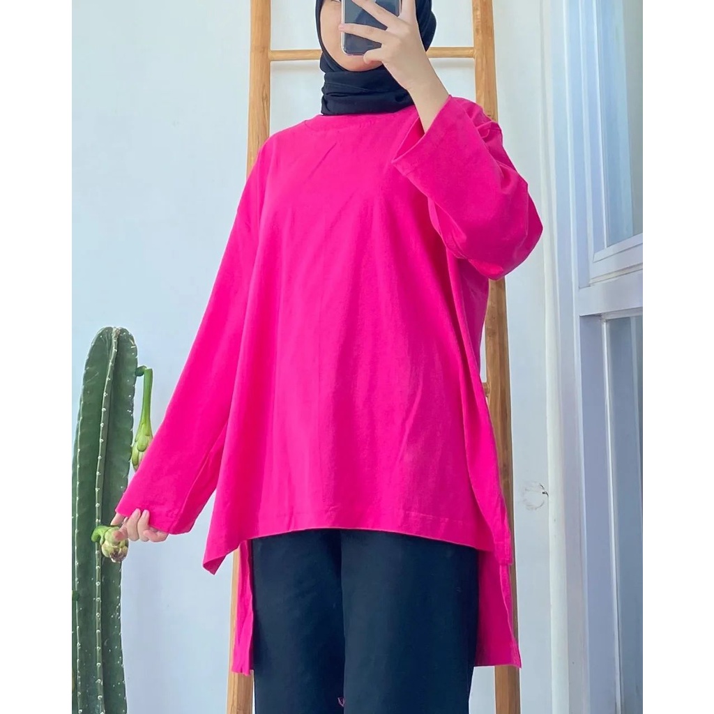 Kaos Polos Lengan Panjang Basic Blouse Bahan Kaos Katun Combed Size S - XXL Baju Atasan Wanita Terbaru 2023 Kekinian Viral Kaos Oversize Wanita Blouse Wanita Jumbo Warna Black , Navy , Tosca