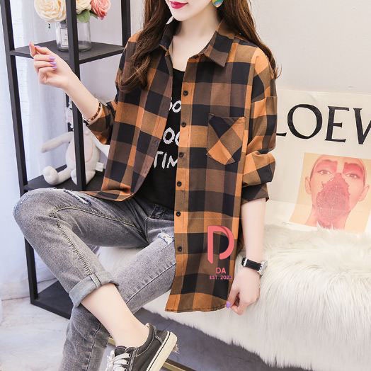 Kemeja Kotak Kotak Lengan Panjang Wanita 2025 / Kemeja Flanel Wanita Model Korea / Atasan Kemeja Reg