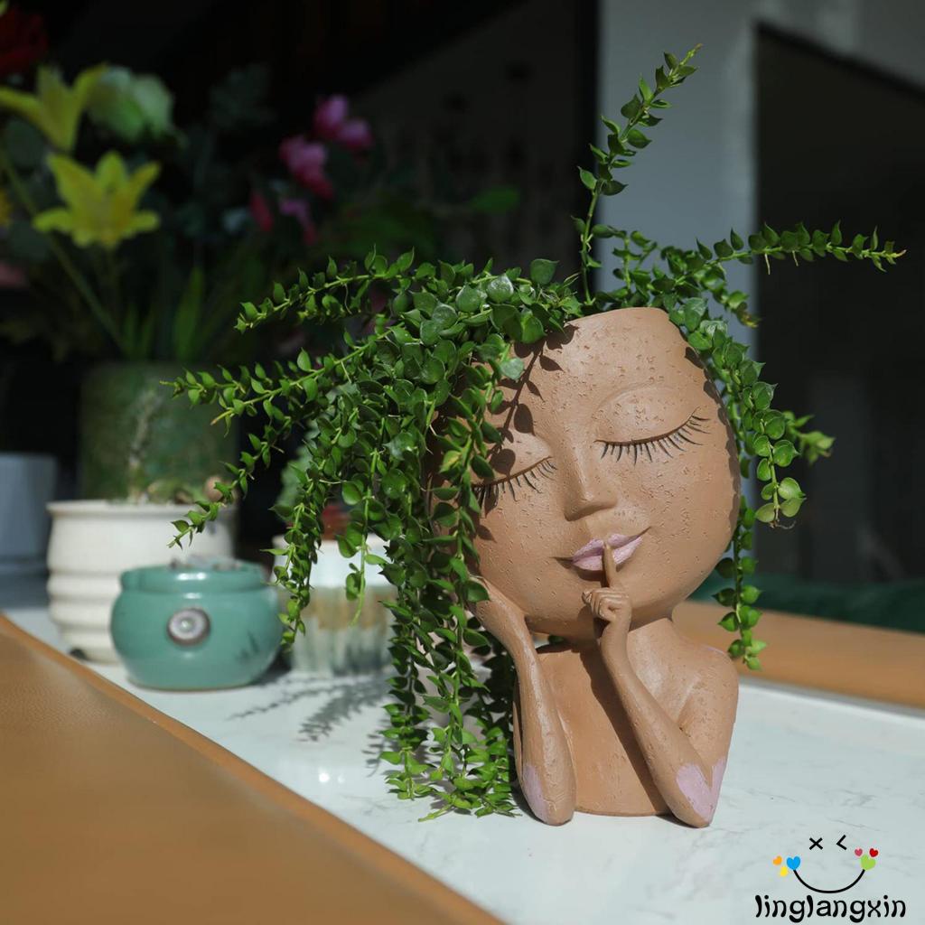 Llx-wajah Gadis Lucu Ornamen Holder Pot Bunga Resin Untuk Taman Rumah Kantor Desktop