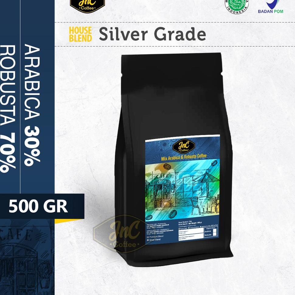 

Di⚡kon !! JnC House Blend Silver 30% Biji Kopi Arabika 70% Robusta 500 Gr