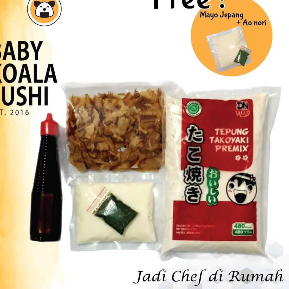 

☞ PAKET BAHAN TAKOYAKI LENGKAP 50 Butir Halal │ Tepung, Katsuobushi, Saus Takoyaki, Aonori ☼