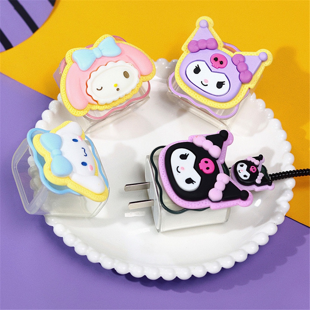 IPHONE 4pcs/set Sanrio Stereo DIY Kartun Kabel Data Charging Cable Pelindung Case Untuk Iphone18/20w 14promax /14Plus /13 Pro Max/11 /12 Kuromi Melody Cinnamoroll Charging Head