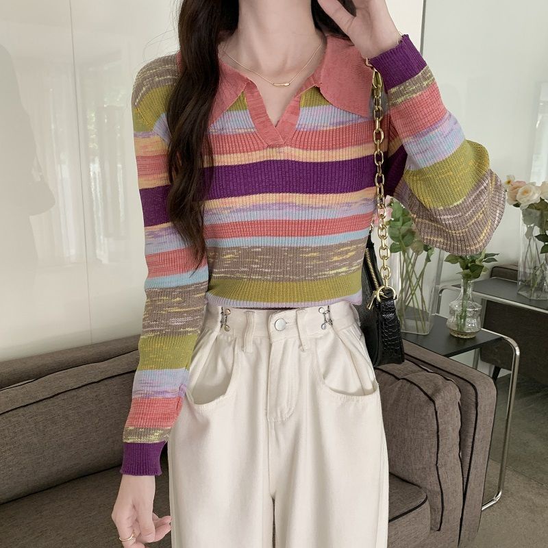 YIU YIU Rajut - Korean Crop Top Lengan Panjang Causal Style Stripe Top V-neck Baju Inner Rajut