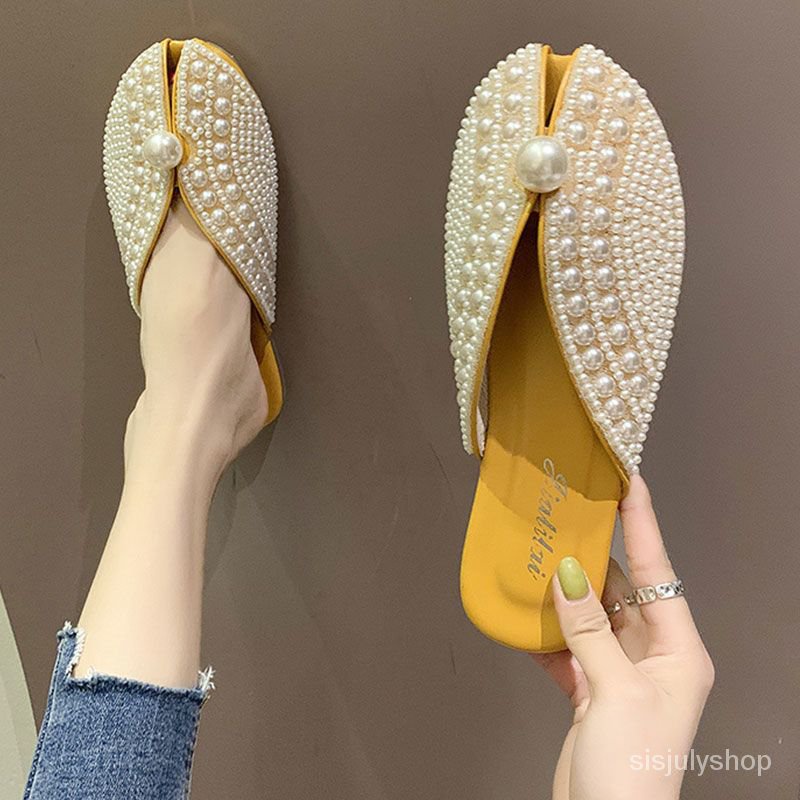 #Sisjuly# Sandal Baotou sandal mutiara sandal bawah datar wanita baru sandal mutiara