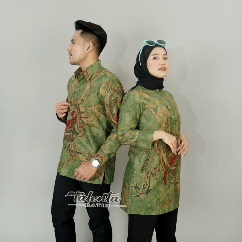 Batik couple sarimbit pria &amp; wanita batik bahan katun reguler abstrak hijau