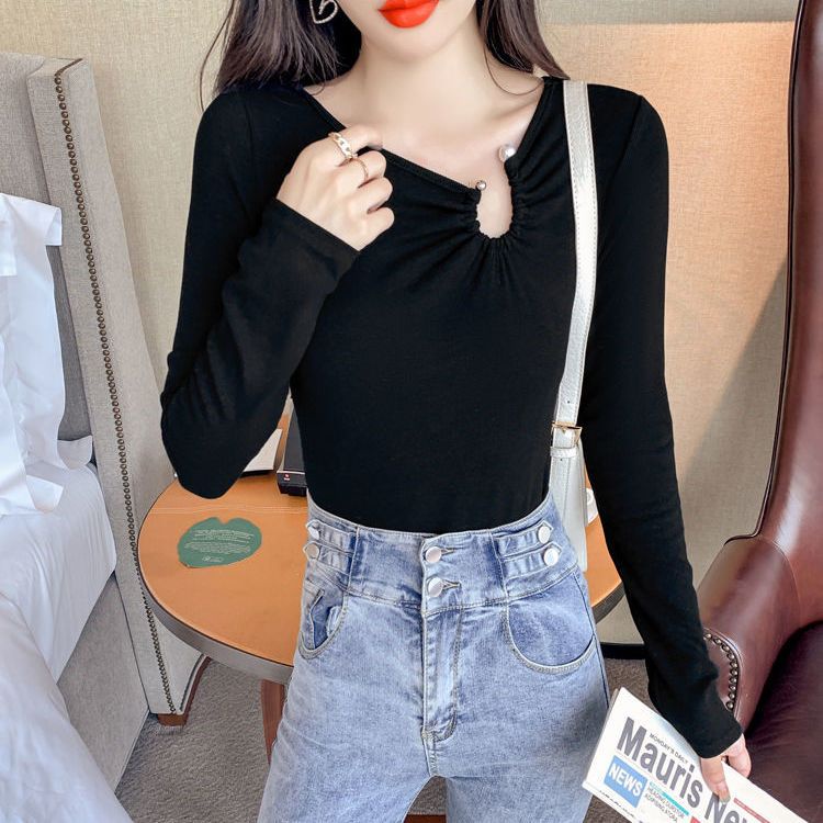 Fashion V-neck Lengan Panjang T-shirt Kemeja Wanita Musim Semi Baru Slim Fit Chic Top Tren