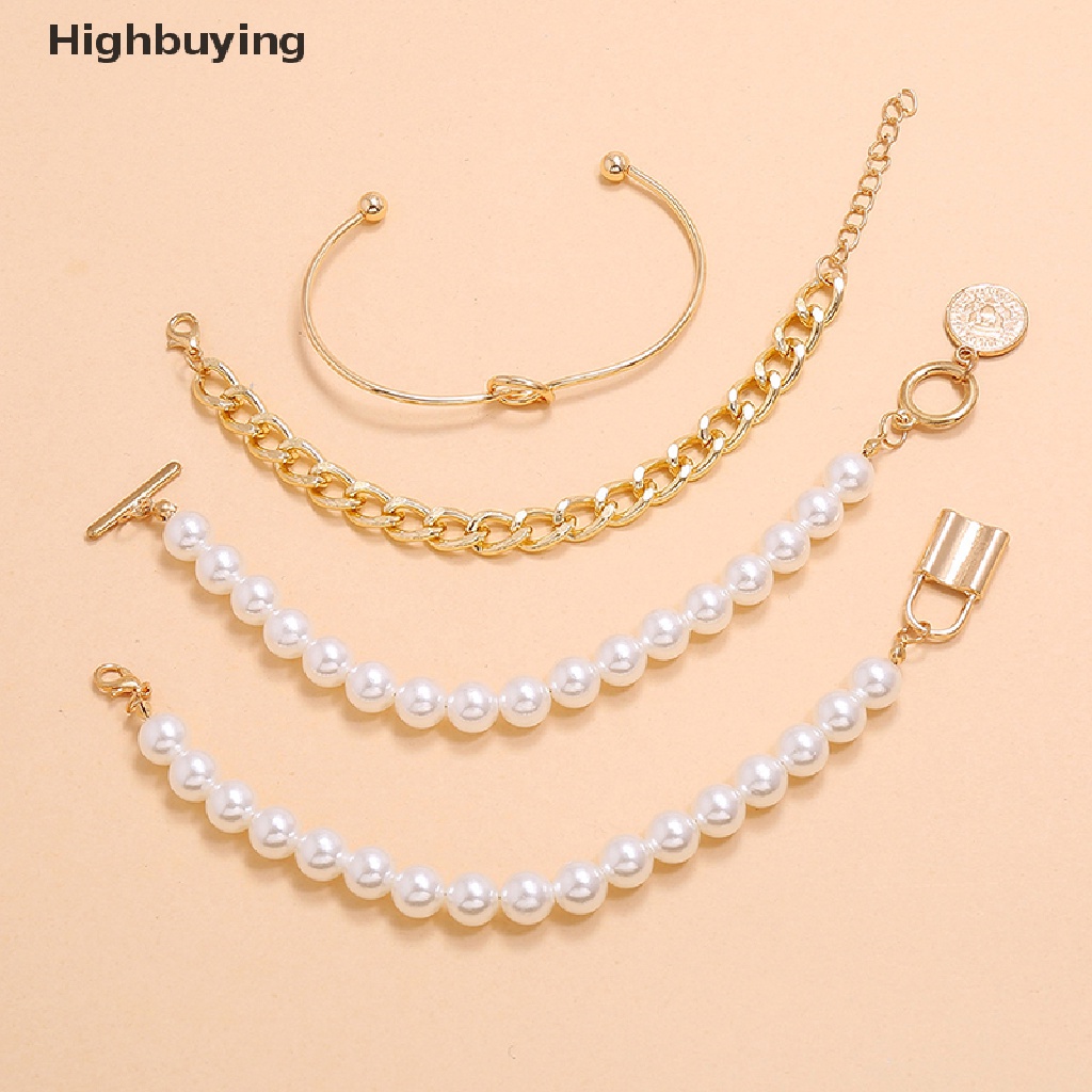 Hbid 4pcs Bohemian Multilayer Rumbai Mutiara Gelang Untuk Wanita Geometris Bulat Koin Manik-Manik Kunci Tangan Rantai Pesona Gelang Set Perhiasan Hadiah Glory